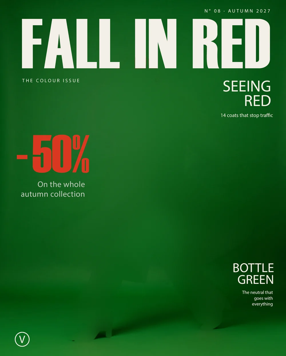 Fashion magazine cover Fall in Red with a model in a red coat, before the analysis in Adobe Photoshop