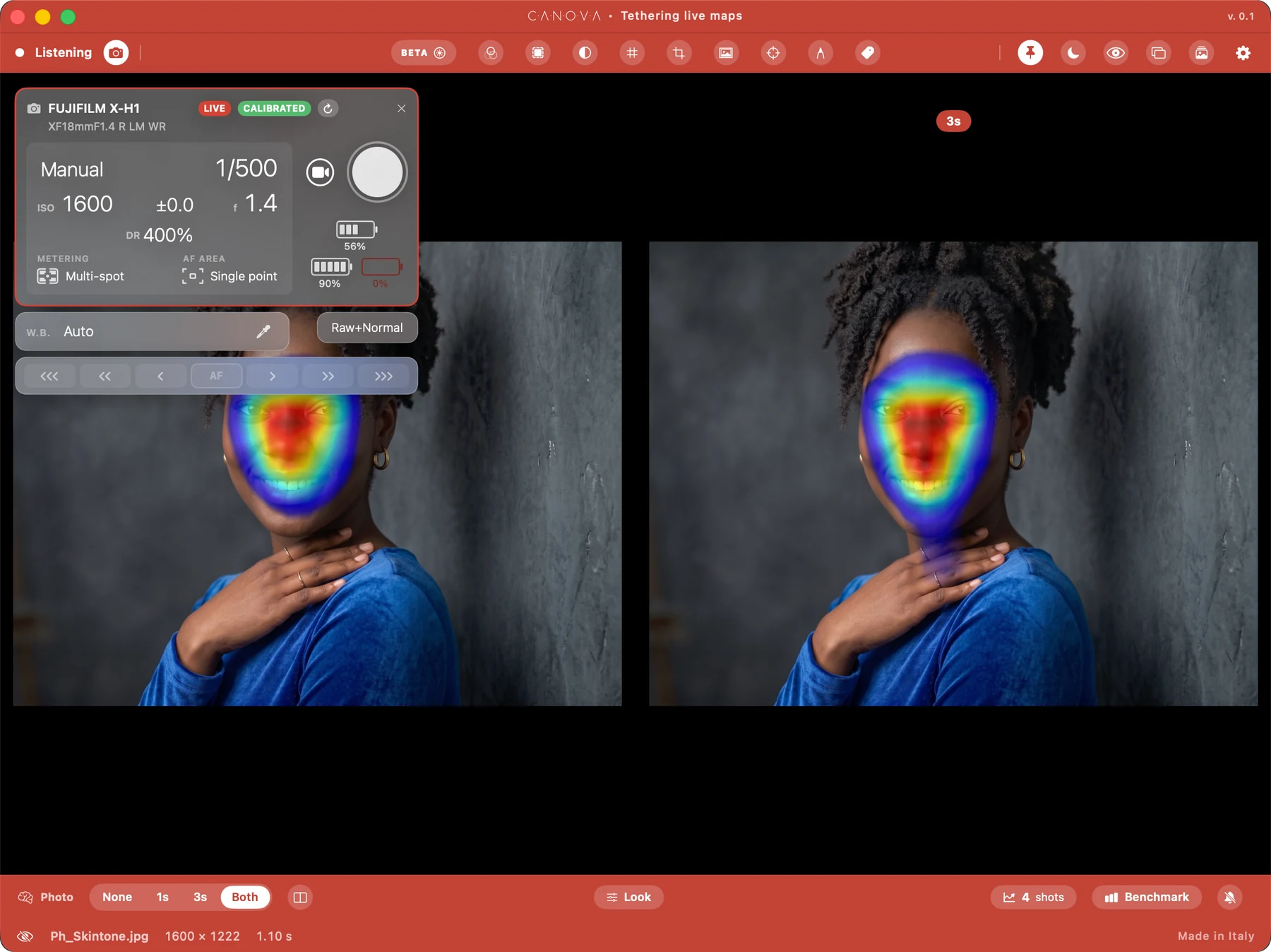 La finestra di tethering con il pannello di controllo della fotocamera