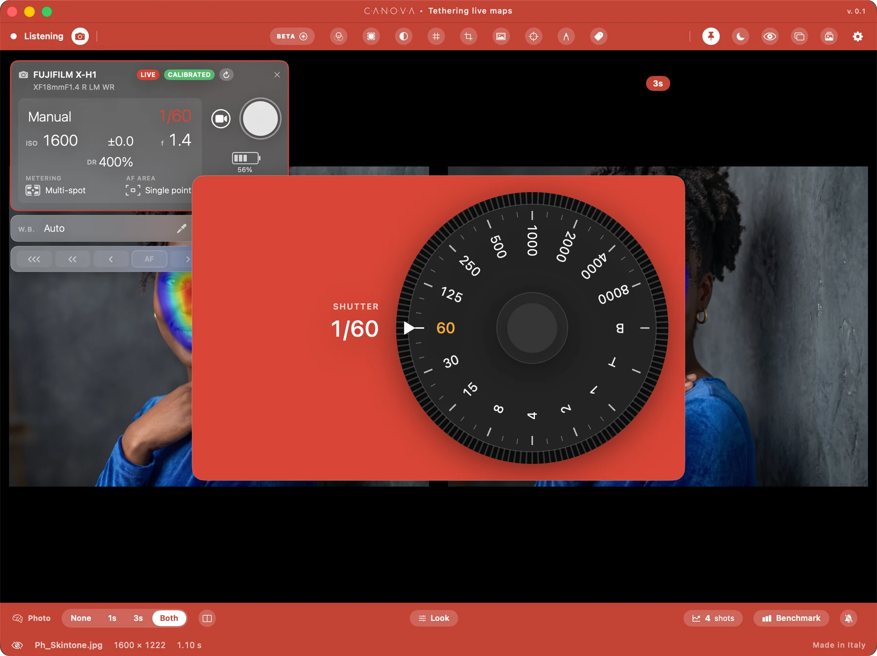 La finestra di tethering con la ghiera dei tempi di scatto