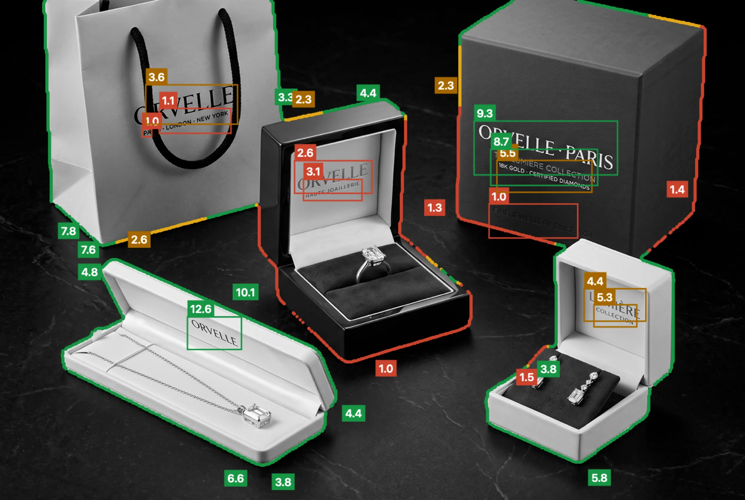 CANOVA Live Maps: automatic WCAG 2.2 contrast check of subjects and text on a jewelry product photography shot via tethering