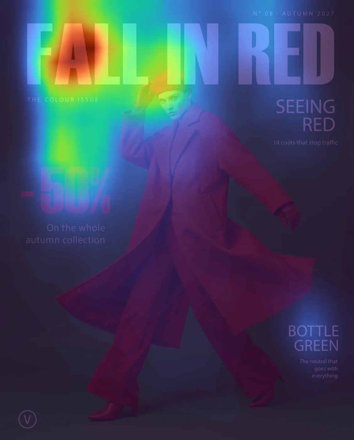 1 second visual saliency map on the Fall in Red magazine cover with normal color vision, in Adobe Photoshop
