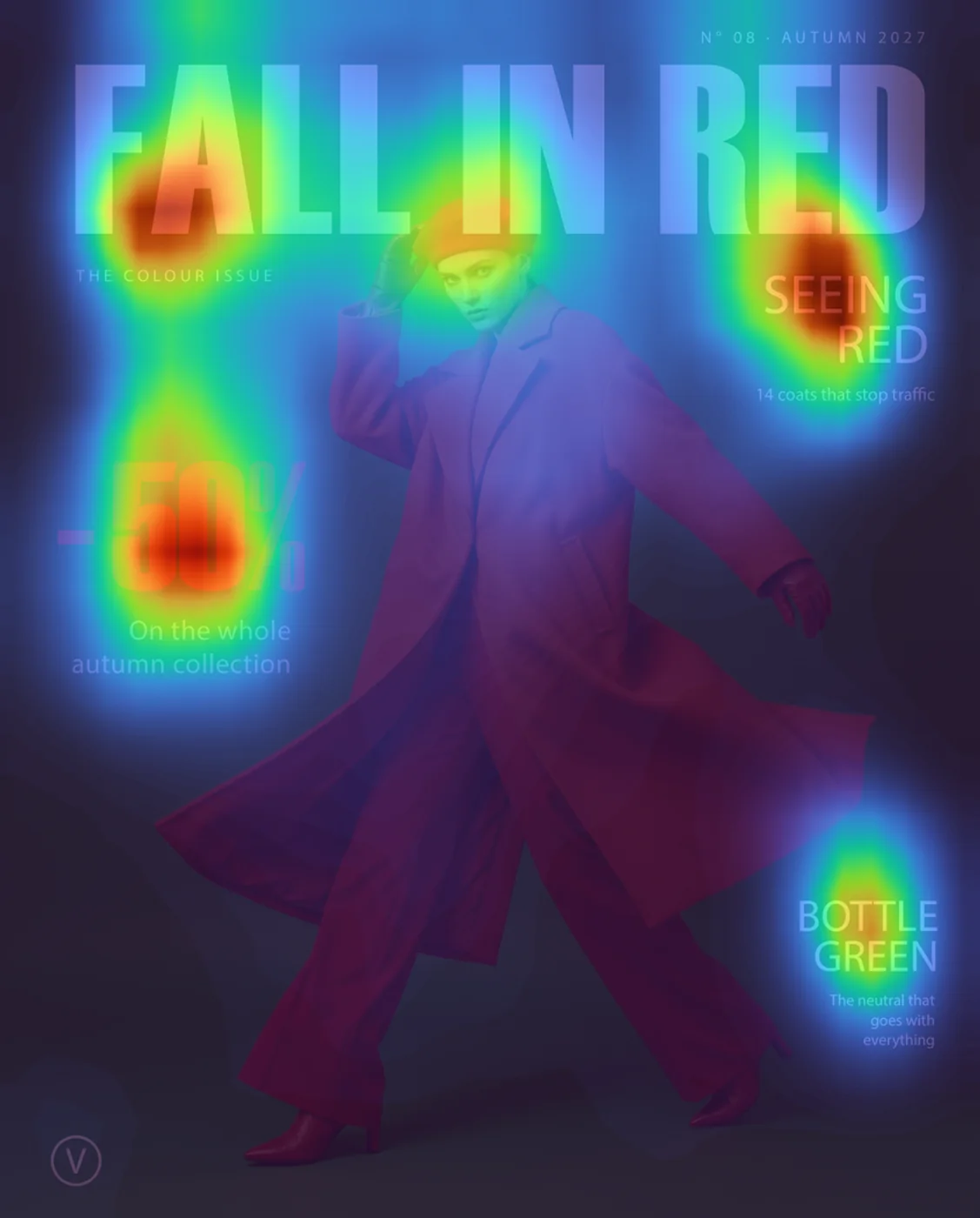 3 second visual saliency map on the Fall in Red magazine cover with normal color vision, in Adobe Photoshop