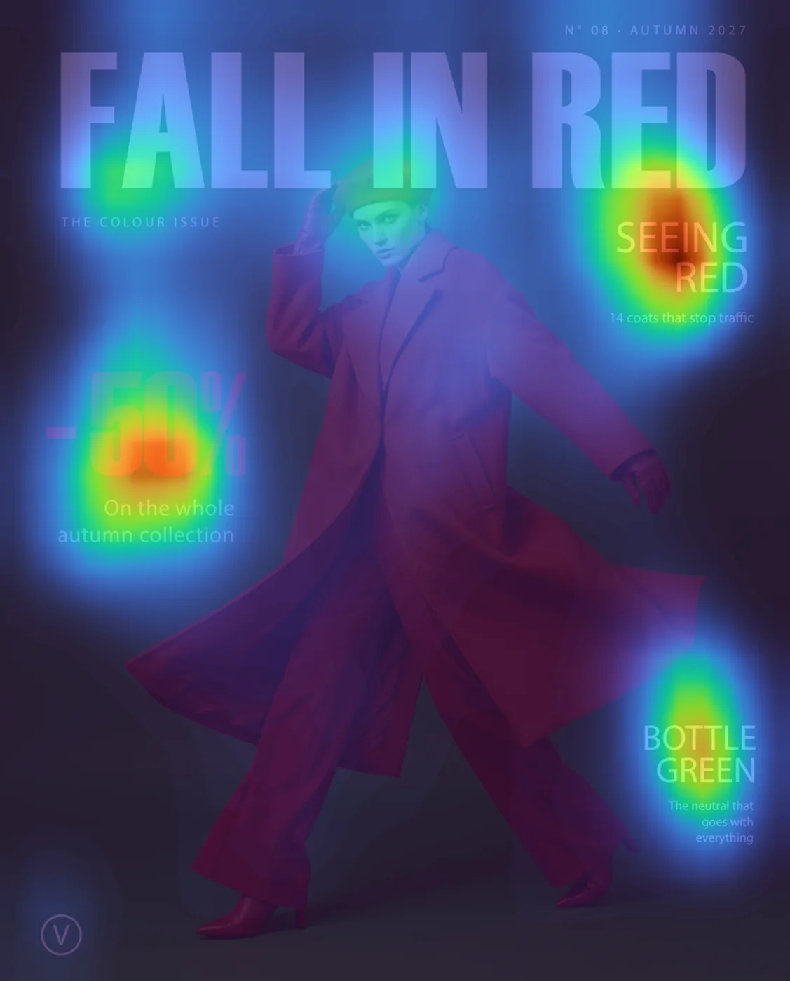 7 second visual saliency map on the Fall in Red magazine cover with normal color vision, in Adobe Photoshop