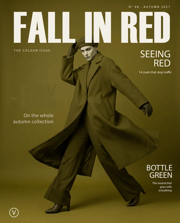 The same magazine cover seen with protanopia: the red coat and the -50% fade into olive