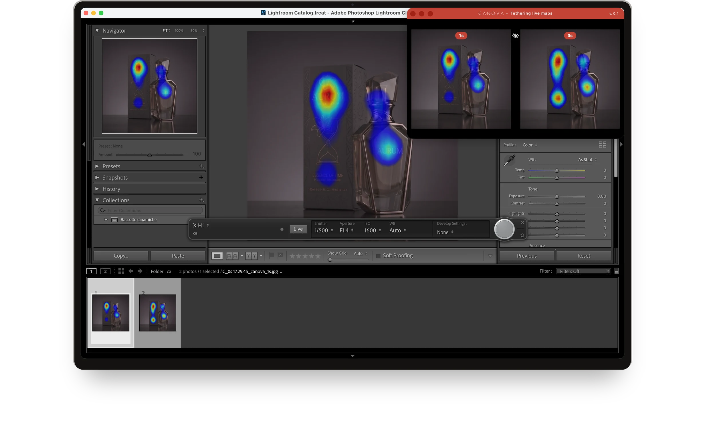 Un MacBook con Lightroom Classic in tethering e la finestra di CANOVA Live Maps