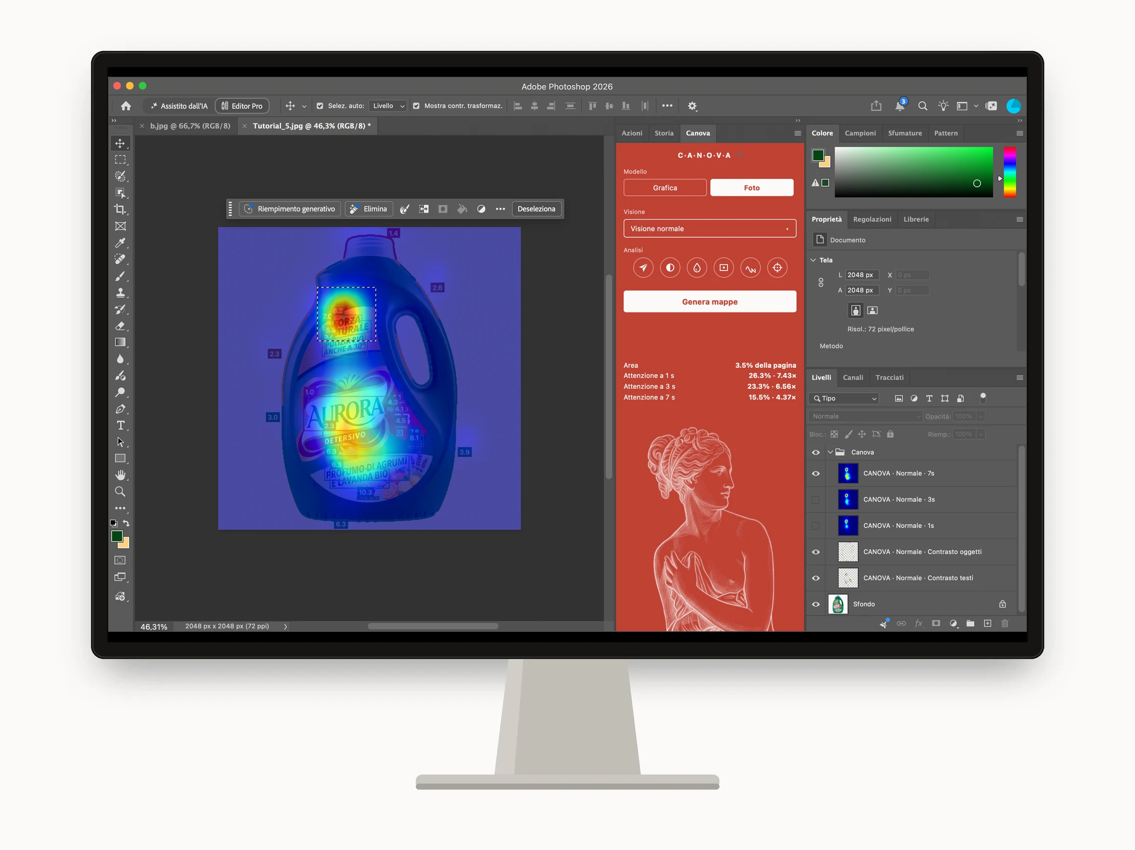Un monitor con Photoshop, il pannello del plugin CANOVA e le mappe d’attenzione come livelli