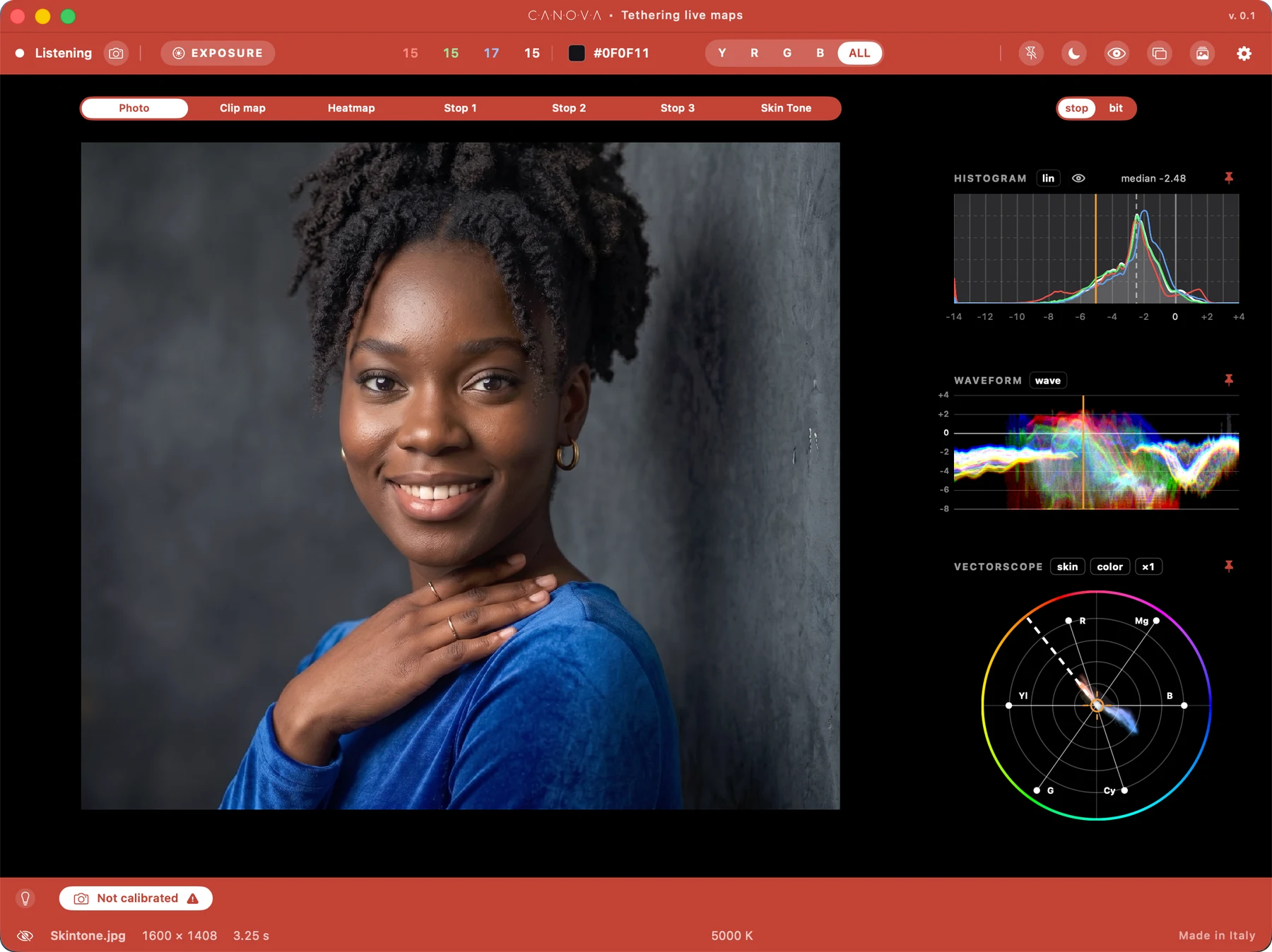La finestra di tethering con la mappa Skin tone nella barra delle mappe