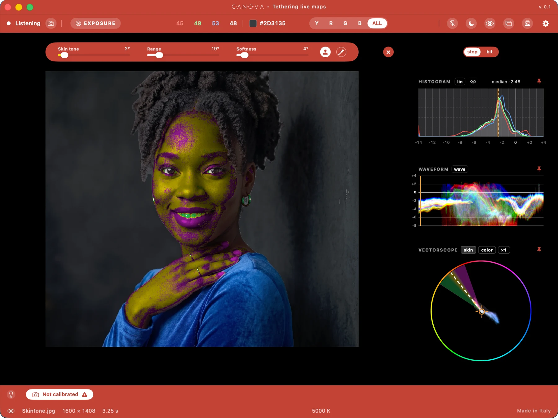 La finestra di tethering con i controlli Skin tone e il vectorscope