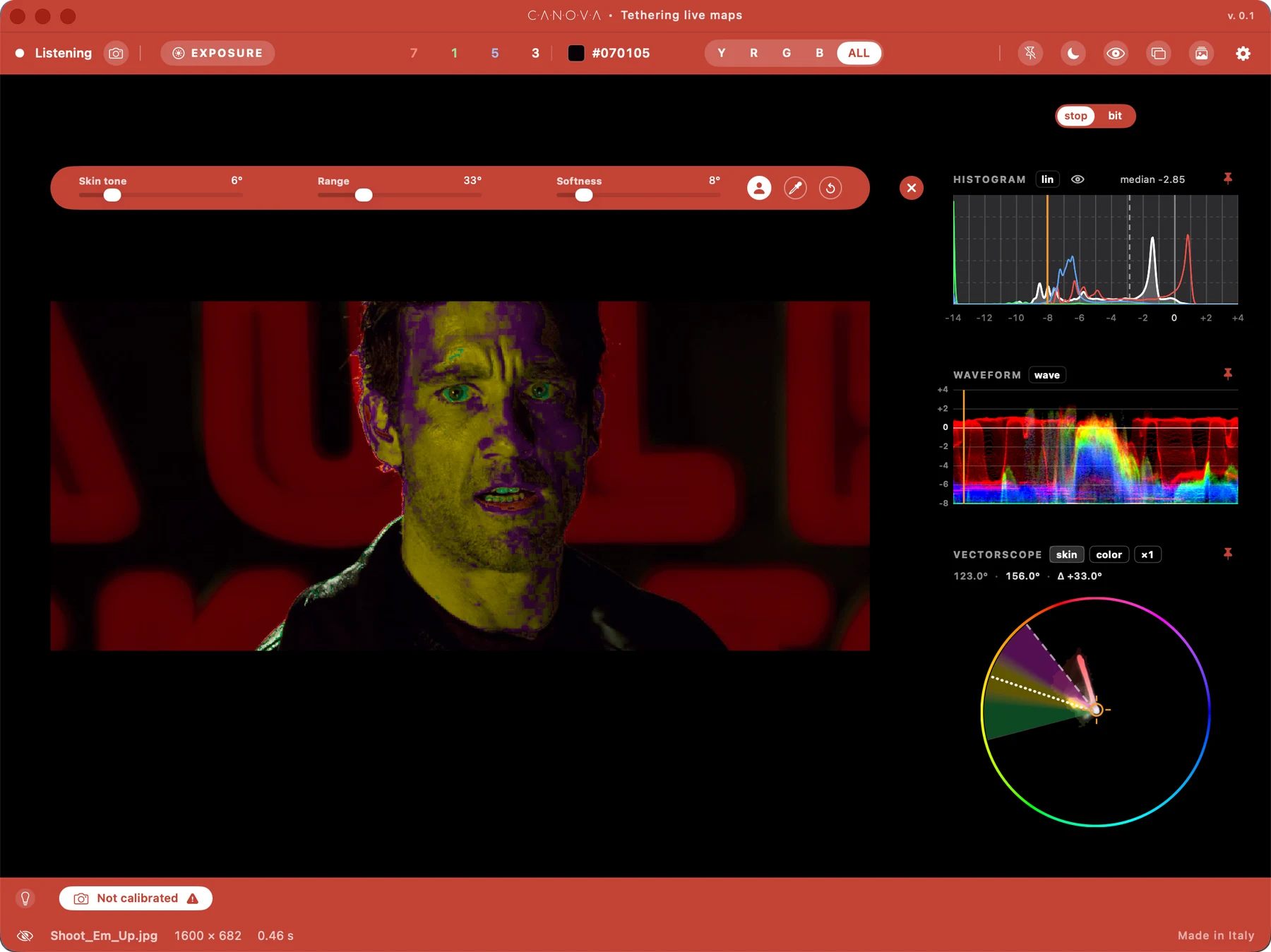 La finestra di tethering con uno skin tone custom fissato col contagocce