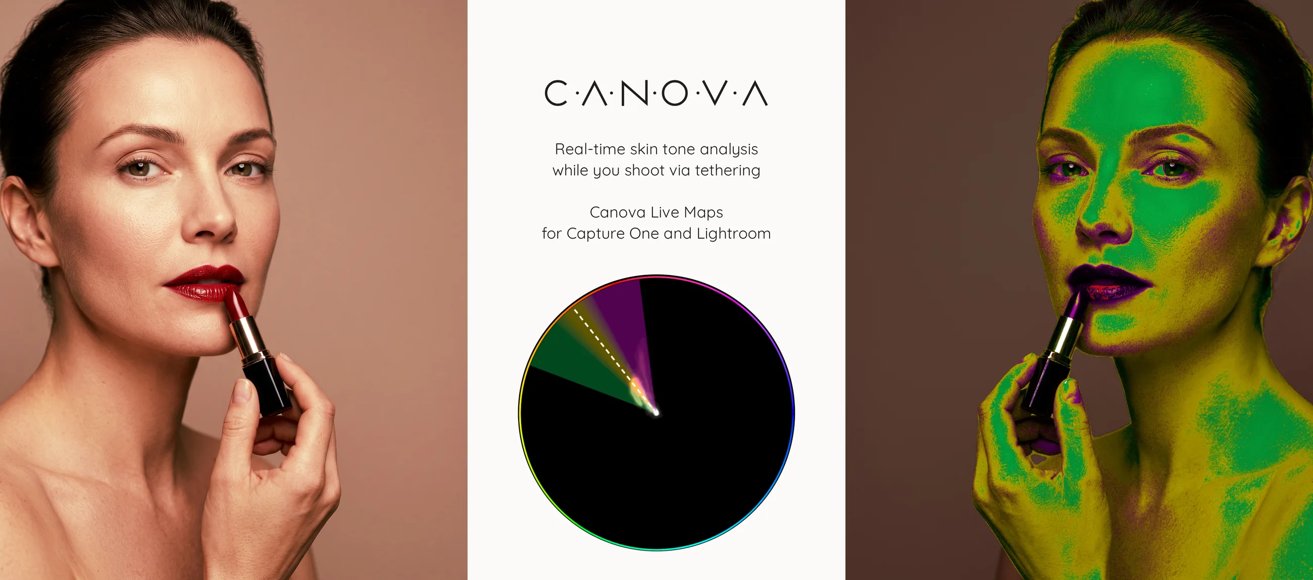 CANOVA Live Maps: live skin tone analysis on a beauty portrait during a tethered photo shoot