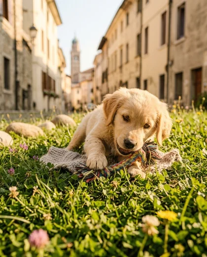 Simulated feed post: puppy lying on the grass