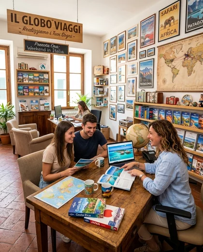Simulated feed post: travel agency with two customers