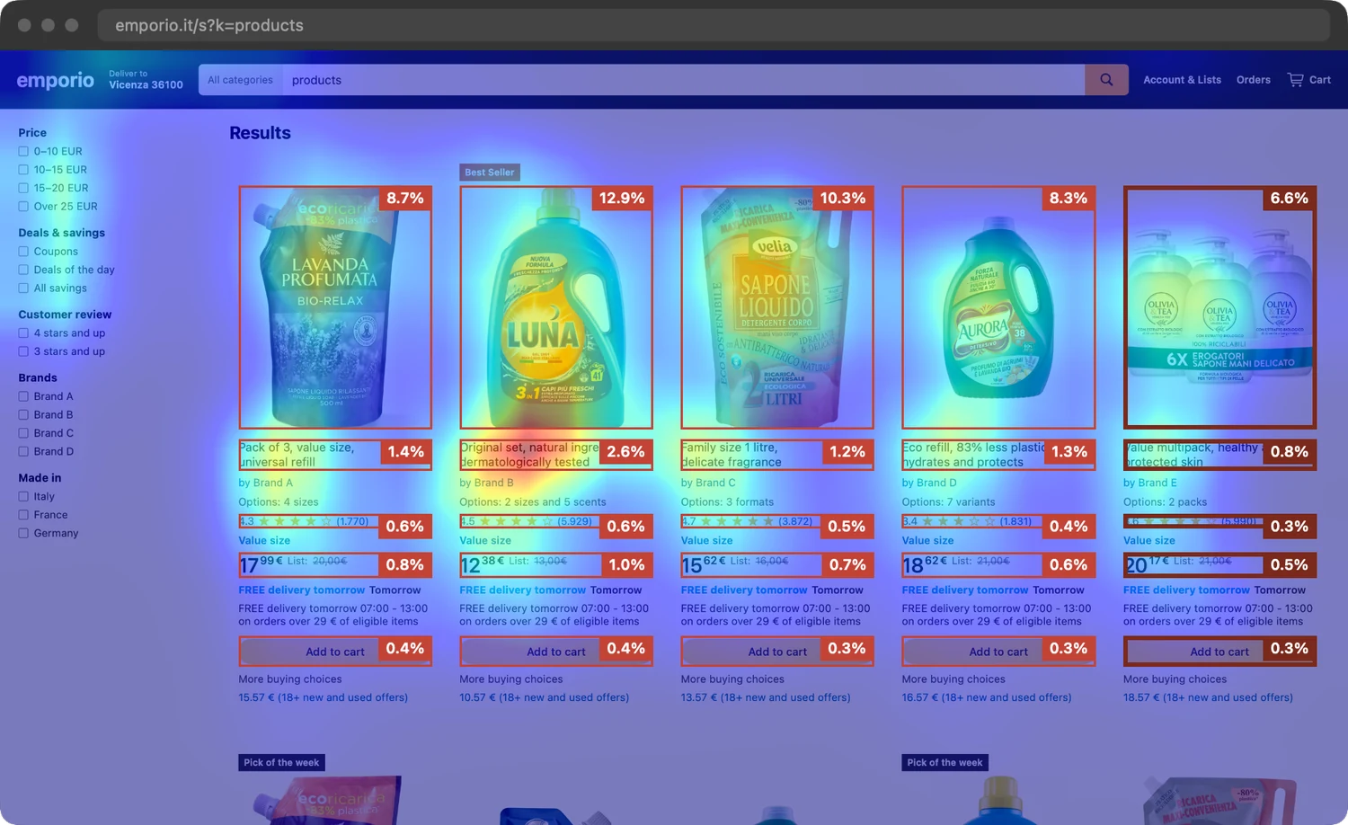 CANOVA Storefront simulator on desktop: your packaging on an e-commerce results page, with attention map and attention share per product