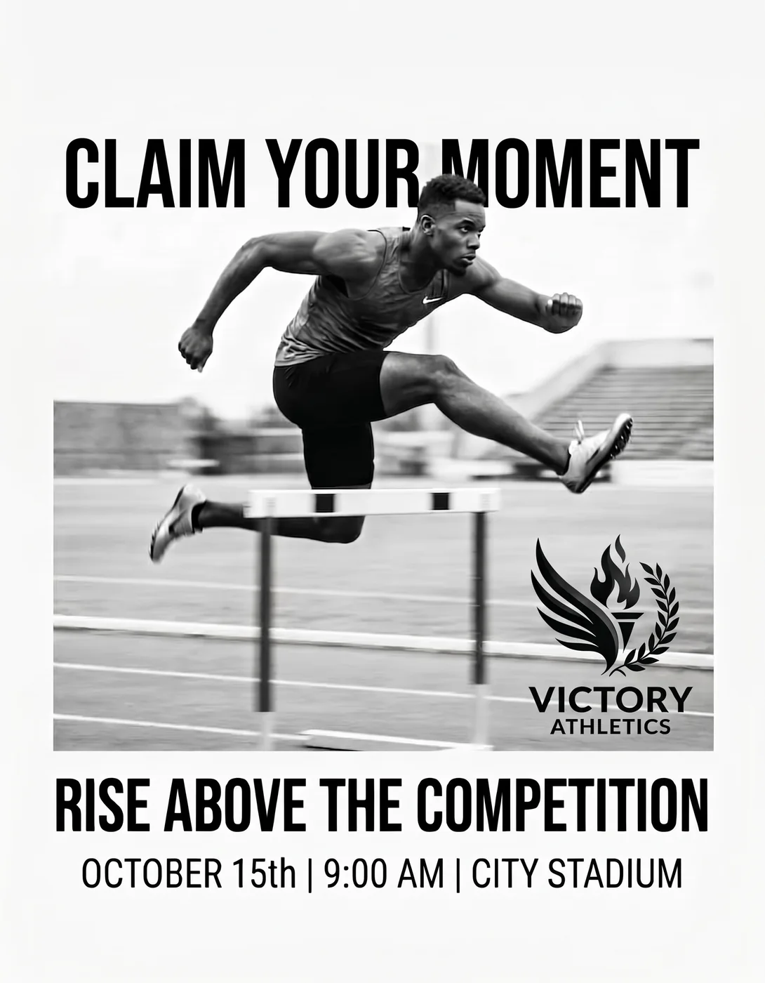 Manifesto sportivo «Claim your moment»: un atleta salta un ostacolo