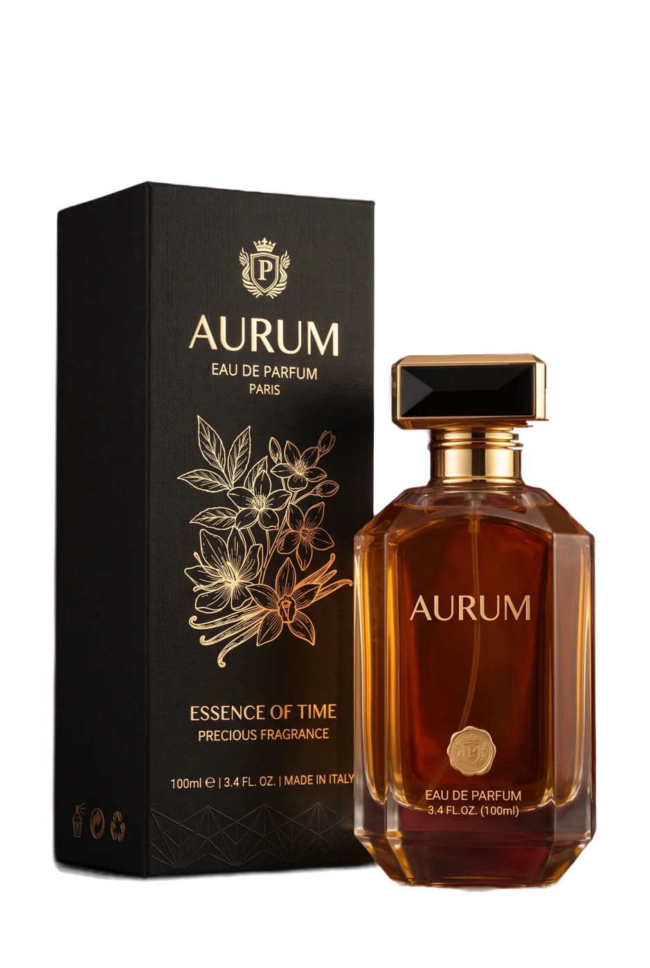 Flacone e astuccio del profumo Aurum su fondo di velluto rosso